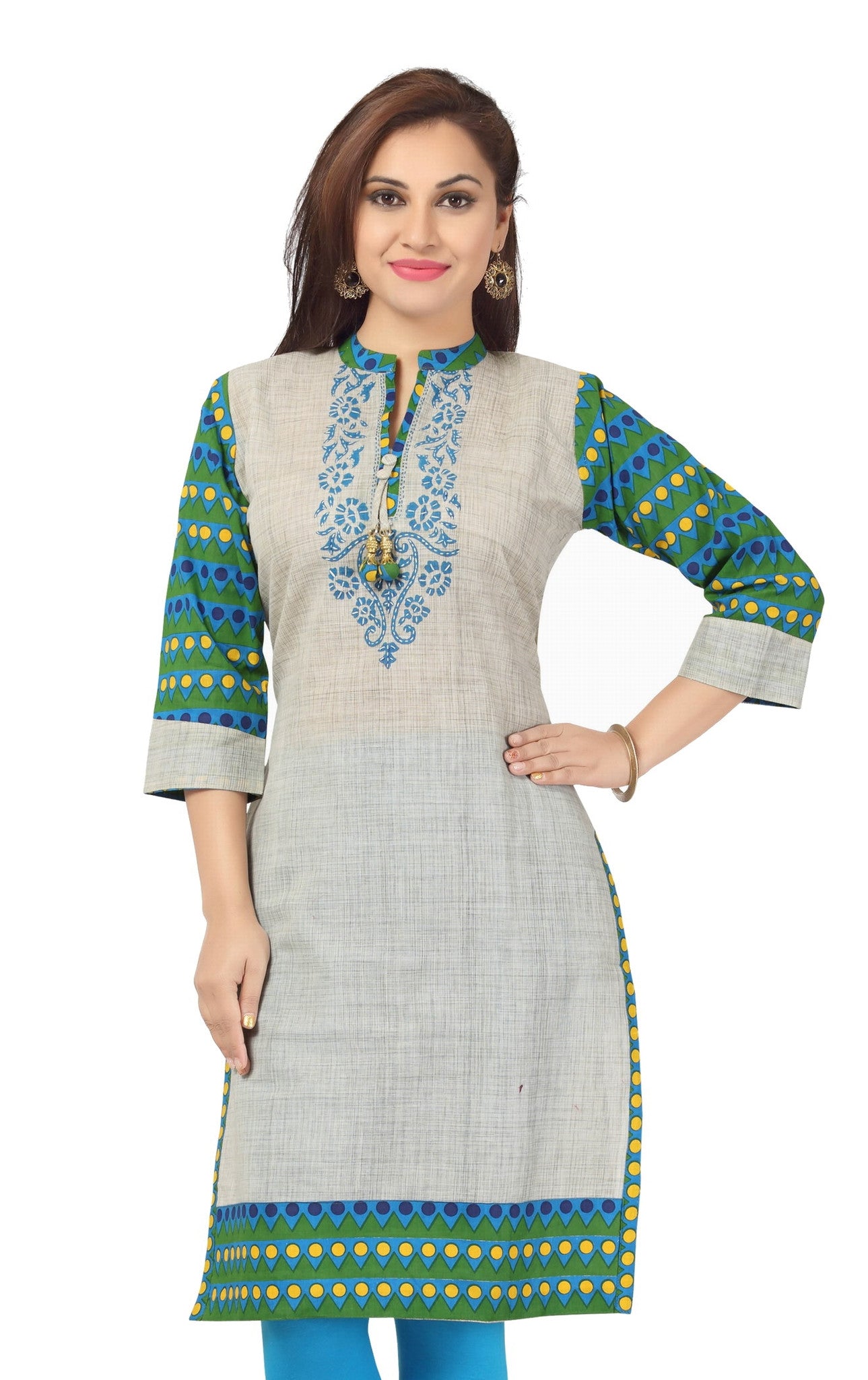 Grey grace long cotton tunic with printed design cotton fabric - Boutique4India Inc.