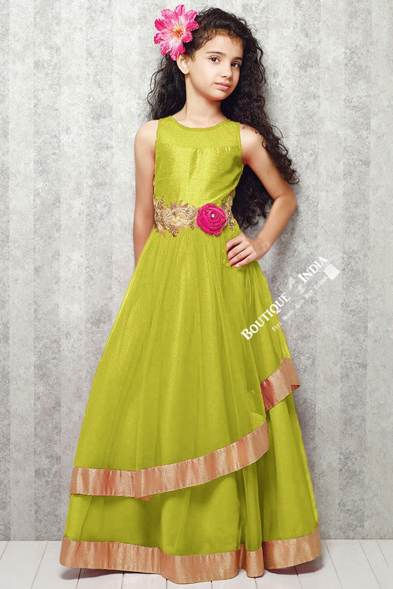 Girl's - Green With Golden Casual Gown/Dress - Gilr's Casual And Party Collection Gowns - Boutique4India Inc.