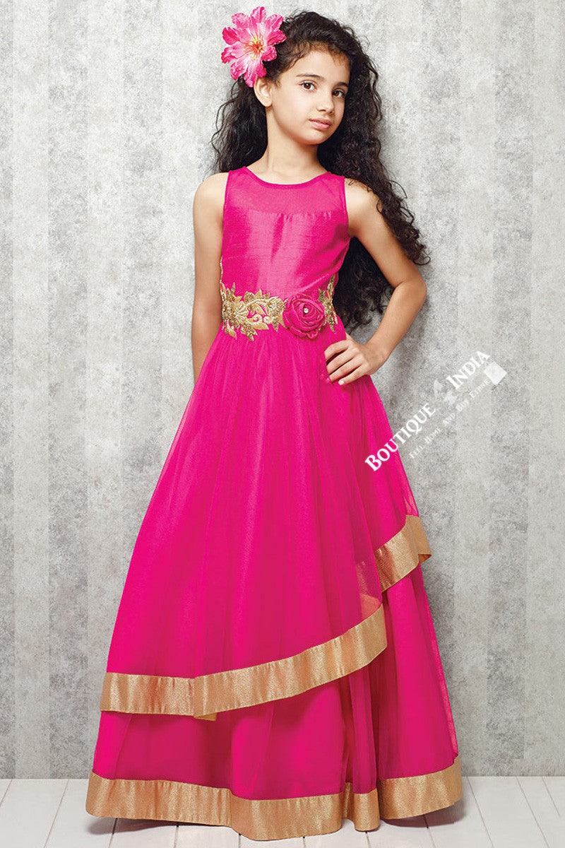 Girl's - Hot Pink And Golden Casual Gown/Dress - Gilr's Casual And Party Collection Gowns - Boutique4India Inc.