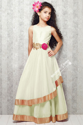 Girl's - White With Golden Casual Gown/Dress - Gilr's Casual And Party Collection Gowns - Boutique4India Inc.