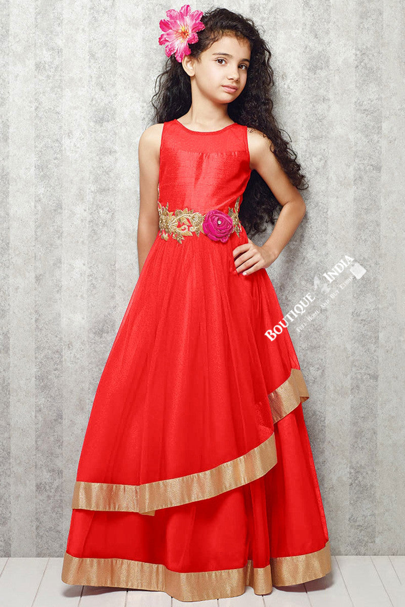 Girl's - Orange With Golden Casual Gown/Dress - Gilr's Casual And Party Collection Gowns - Boutique4India Inc.