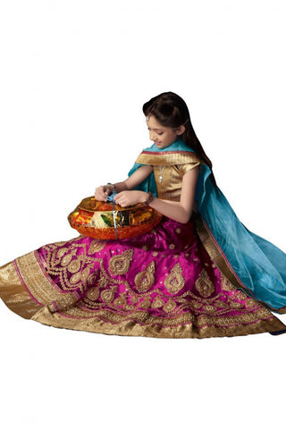 Girl's - Fuschia, Sky Heavy Work - Lehenga / Half Saree - Gilr's Party And Wedding Collection Lehenga Set For Special Occasions- Semi Stitched, Blouse - Ready to Stitch - Boutique4India Inc.