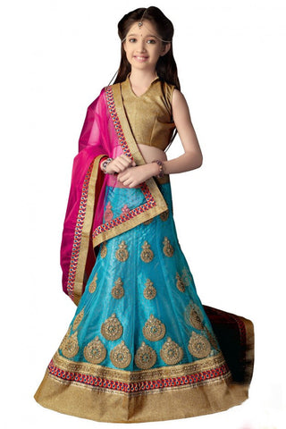 Girl's - Blue, Pink And Golden Heavy Work - Lehnga / Half Saree - Gilr's Party And Wedding Collection Lehnga Set For Special Occasions - Boutique4India Inc.