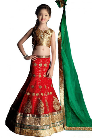 Girl's - Red, Green And Golden Heavy Work - Lehenga / Half Saree - Gilr's Party And Wedding Collection Lehenga Set For Special Occasions - Semi Stitched, Blouse - Ready to Stitch - Boutique4India Inc.