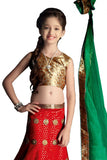 Girl's - Red, Green And Golden Heavy Work - Lehenga / Half Saree - Gilr's Party And Wedding Collection Lehenga Set For Special Occasions - Semi Stitched, Blouse - Ready to Stitch - Boutique4India Inc.