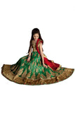 Girl's - Green And Golden Heavy Work - Lehenga / Half Saree - Gilr's Party And Wedding Collection Lehenga Set For Special Occasions - Semi Stitched, Blouse - Ready to Stitch - Boutique4India Inc.