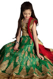 Girl's - Green, Red And Golden Heavy Work - Lehenga / Half Saree - Gilr's Party And Wedding Collection Lehenga Set For Special Occasions - Semi Stitched, Blouse - Ready to Stitch - Boutique4India Inc.