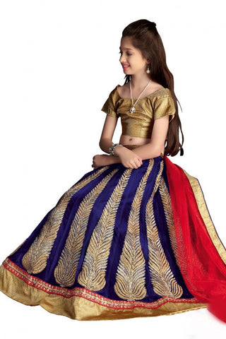 Girl's - Royal Blue And Golden Jarri Heavy Work - Lehenga / Half Saree - Gilr's Party And Wedding Collection Lehenga Set For Special Occasions - Semi Stitched, Blouse - Ready to Stitch - Boutique4India Inc.