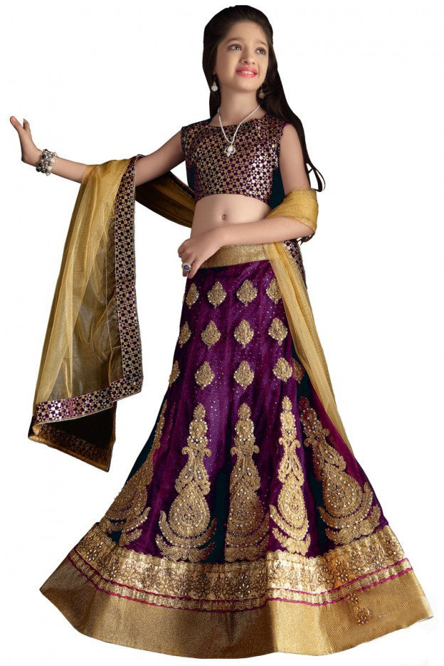 Girl's - Purple And Golden Heavy Work - Lehenga / Half Saree - Gilr's Party And Wedding Collection Lehenga Set For Special Occasions - Semi Stitched, Blouse - Ready to Stitch - Boutique4India Inc.