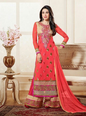 Heavy Work Designer Wedding Collection - Peaches Orange, Purplish Pink And Golden Grand And Graceful Heavy Embroidery And Lace Work Unique Collection For Party / Wedding / Festival / Special Occasion - Ready to Stitch - Boutique4India Inc.