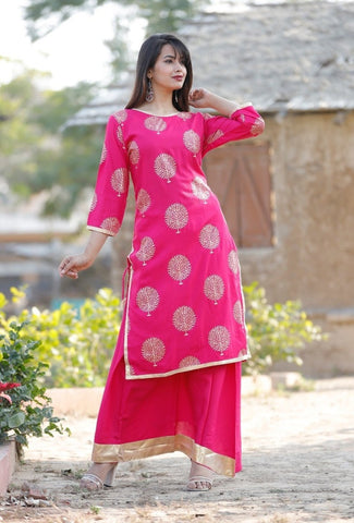 Maya - Rayon Gold Printed Kurti With Skirt