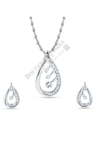 Silver-Tone Cystal Crested Tear drop Pendant Set - Boutique4India Inc.