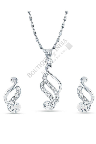 Silver-Tone Dancing Peacock Shaped Pendant Set - Boutique4India Inc.