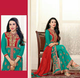 Heavy Work Designer Wedding Collection - Turquoise Blue, Velvet Red And Golden Grand And Graceful Heavy Embroidery And Lace Work Unique Collection For Party / Wedding / Festival / Special Occasion - Ready to Stitch - Boutique4India Inc.
