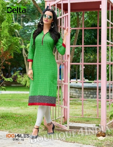 Green Self Design and printed Cotton Kurti