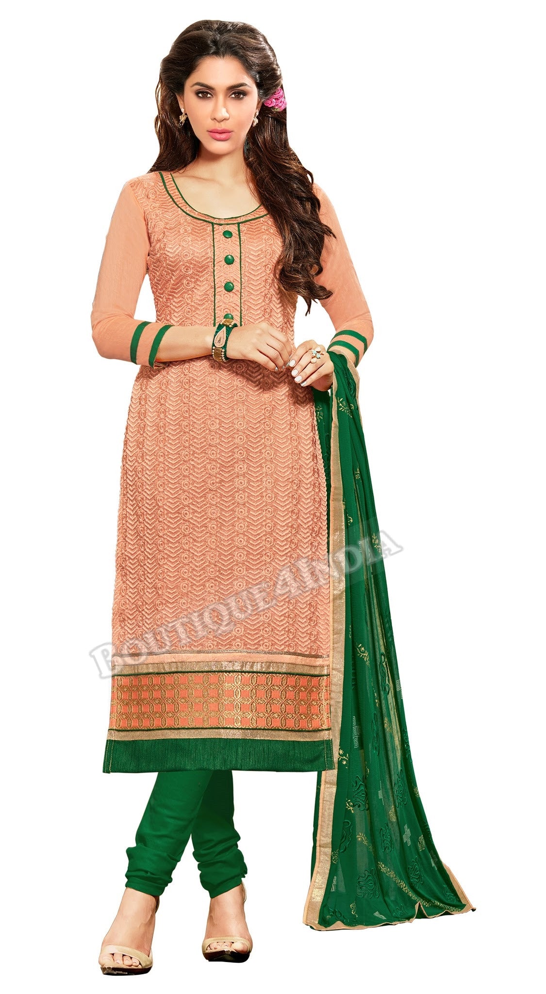 Peach Color Embroidered Chanderi Straight Cut Salwar Suit
