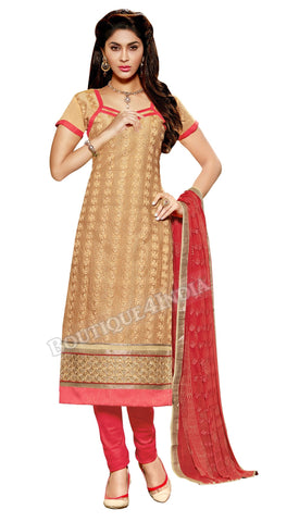 Beige Color Embroidered Chanderi Straight Cut Salwar Suit