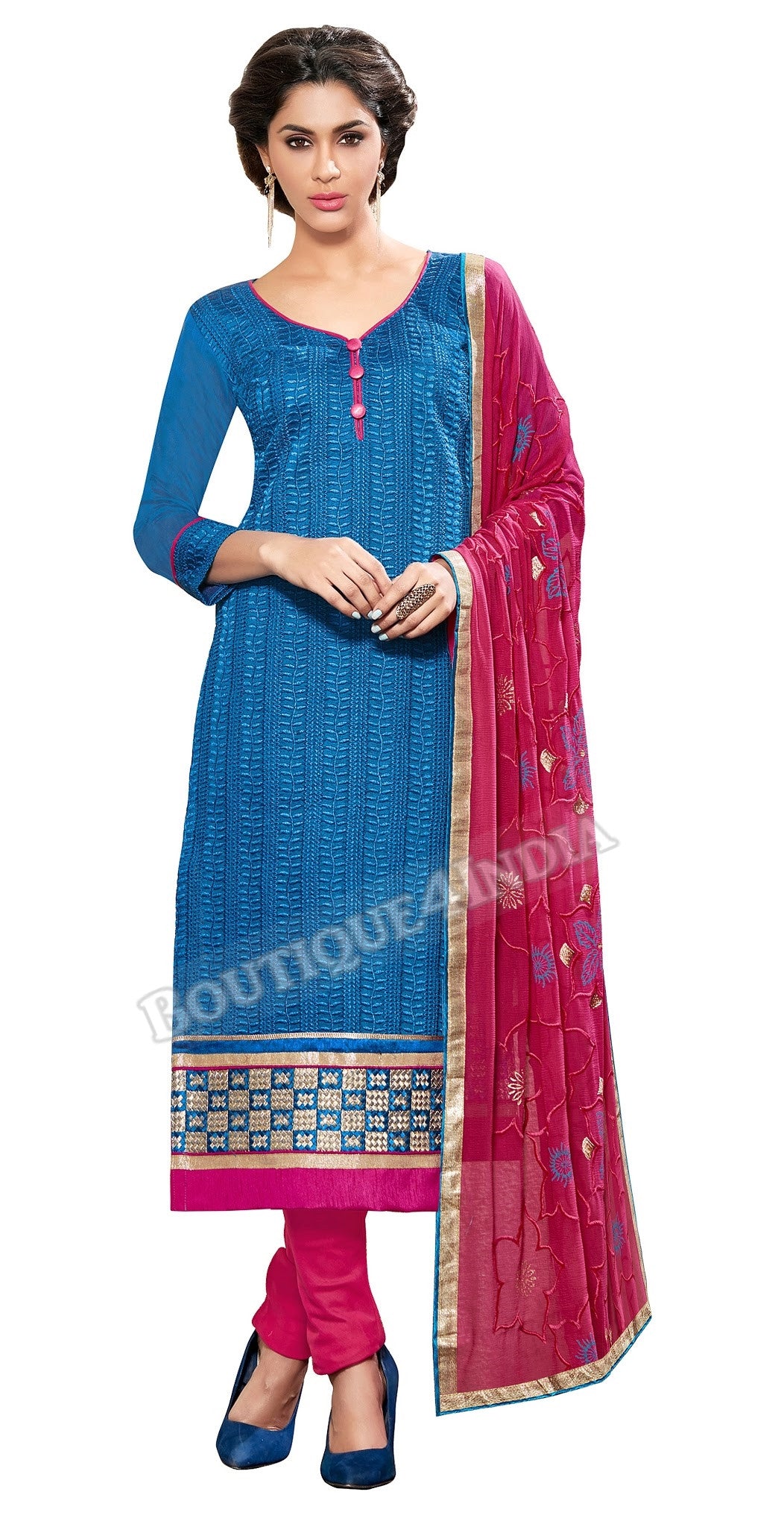 Light Blue Color Embroidered Chanderi Straight Cut Salwar Suit