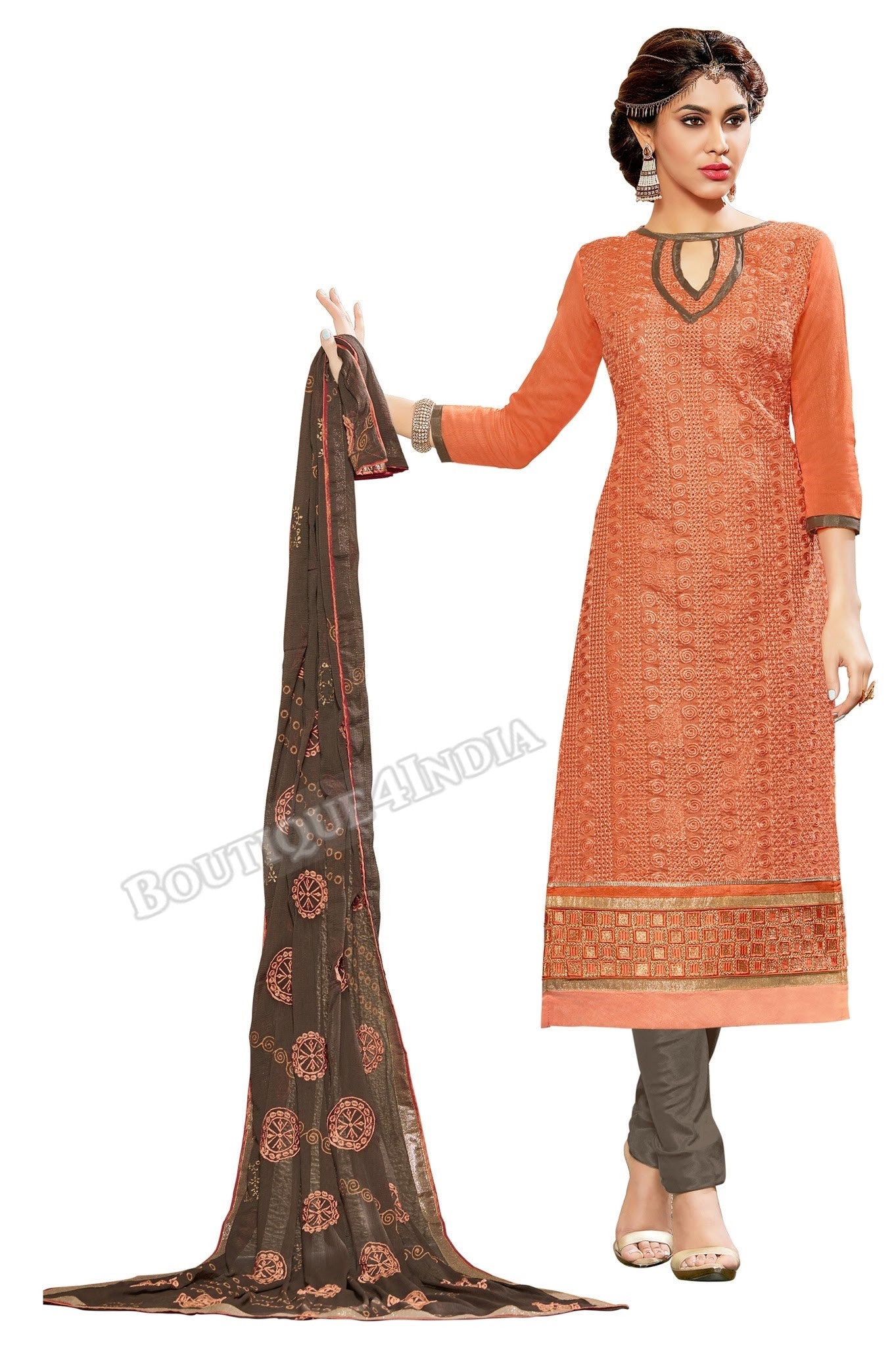 Orange Color Embroidered Chanderi Straight Cut Salwar Suit