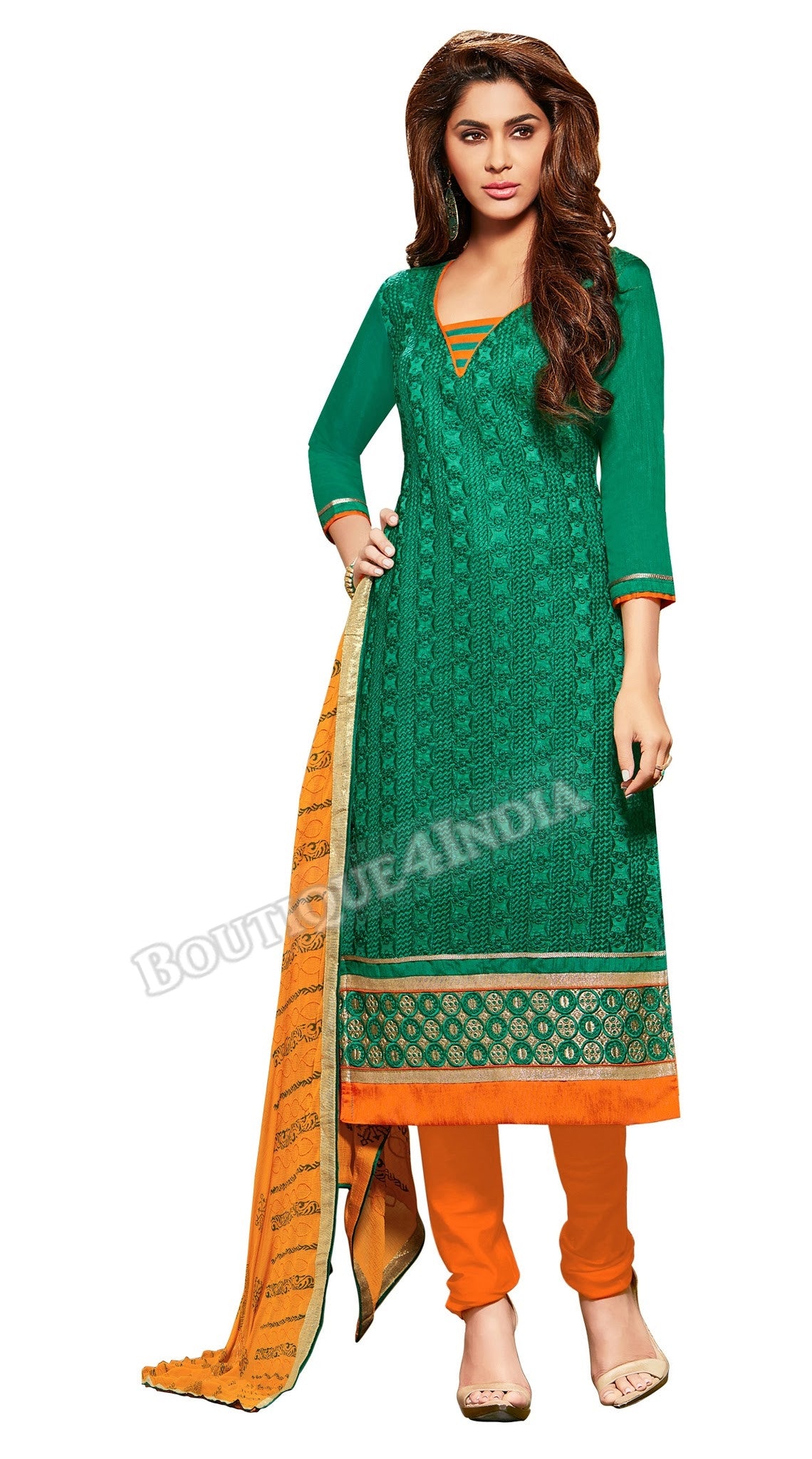 Green Color Embroidered Chanderi Straight Cut Salwar Suit