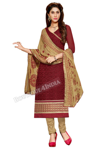 Maroon Color Embroidered Chanderi Straight Cut Salwar Suit