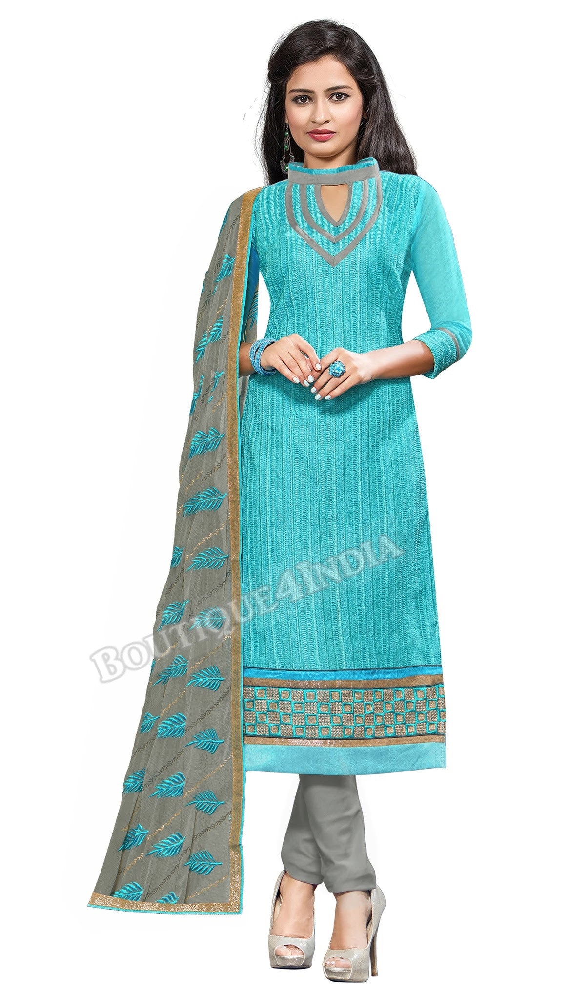 Sky blue Color Embroidered Chanderi Straight Cut Salwar Suit