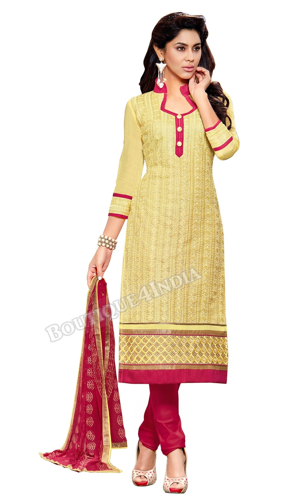 Light Yellow Color Embroidered Chanderi Straight Cut Salwar Suit
