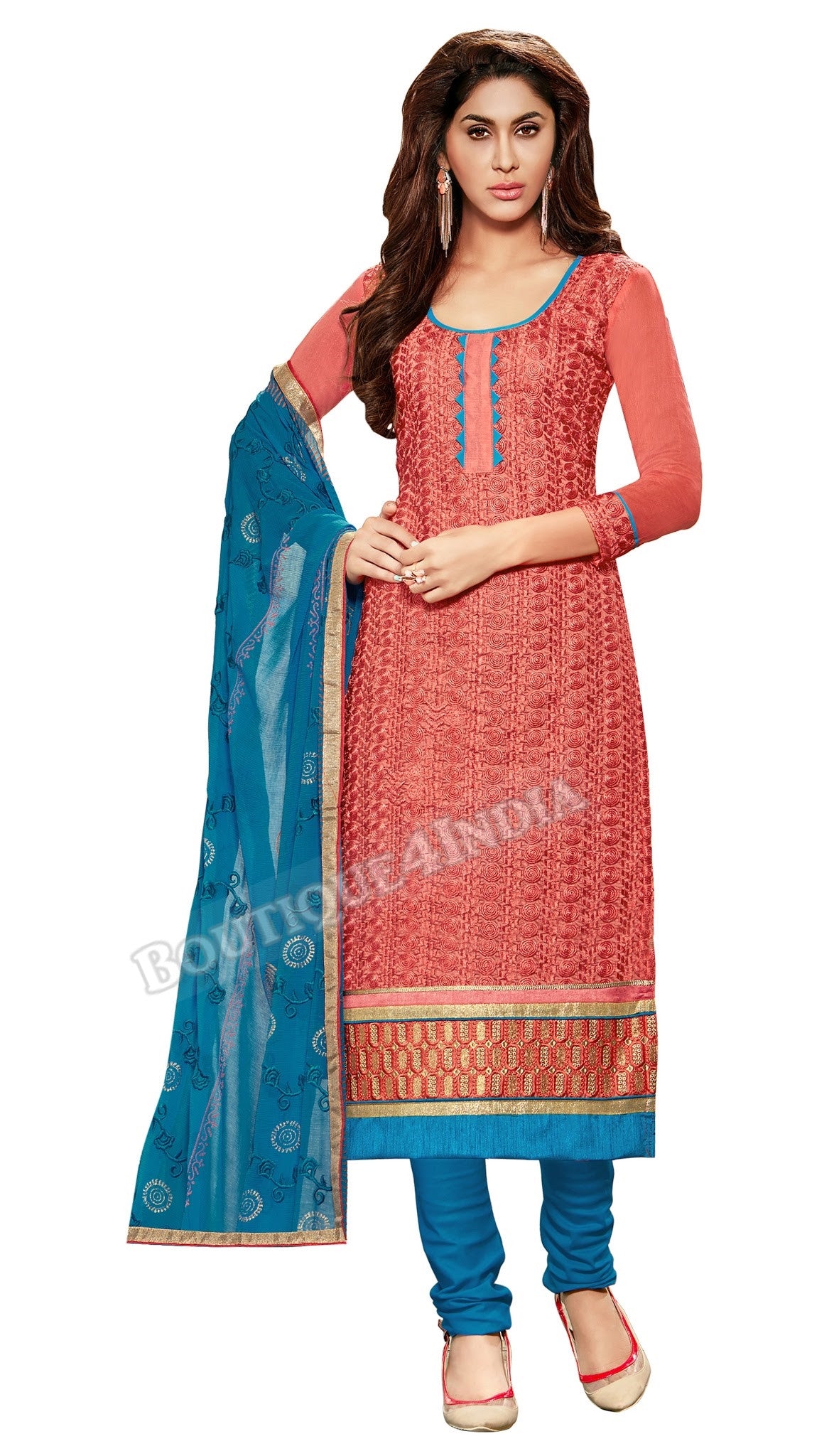 Bronze Color Embroidered Chanderi Straight Cut Salwar Suit
