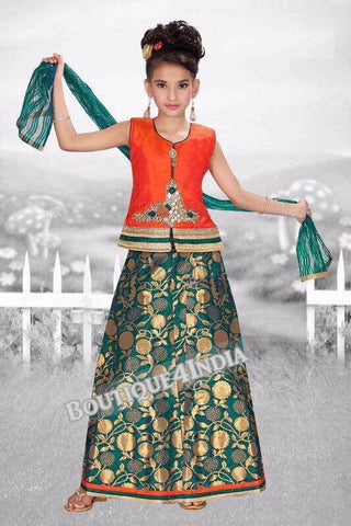 Girls Orange Crop top and green lehenga