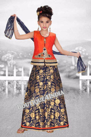 Girls Orange Crop top and blue lehenga