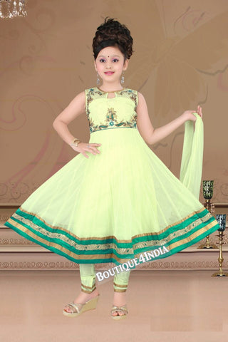 Girls Lime color embroidered Churidar Suit
