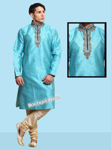 Teal Banarasi brocade Men's Kurta Pyjama 