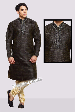 Black Banarasi brocade Men's Kurta Pyjama 