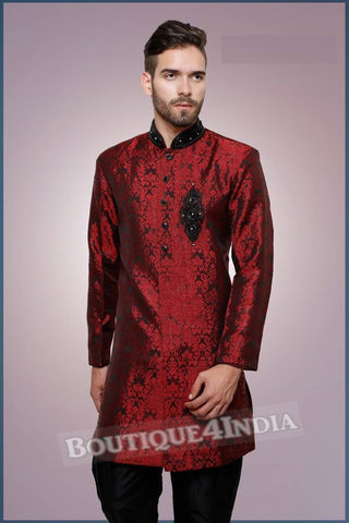 Men's - Royal Red and Black Kurta Set