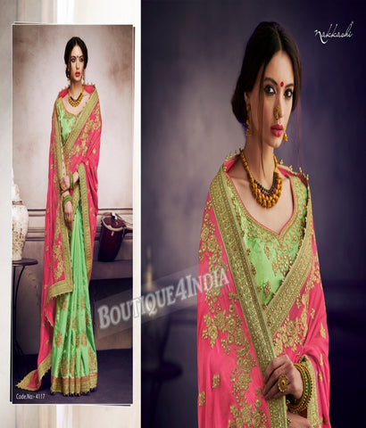 Pistachio Raw Silk Party Wear Heavy Embroidered Saree