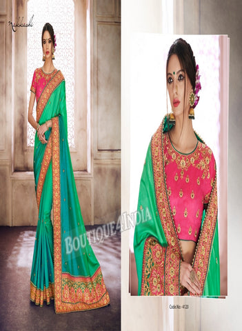 Green Raw Silk Party Wear Heavy Embroidered Saree
