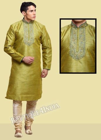 Dark Pista Banarasi brocade Men's Kurta Pyjama 