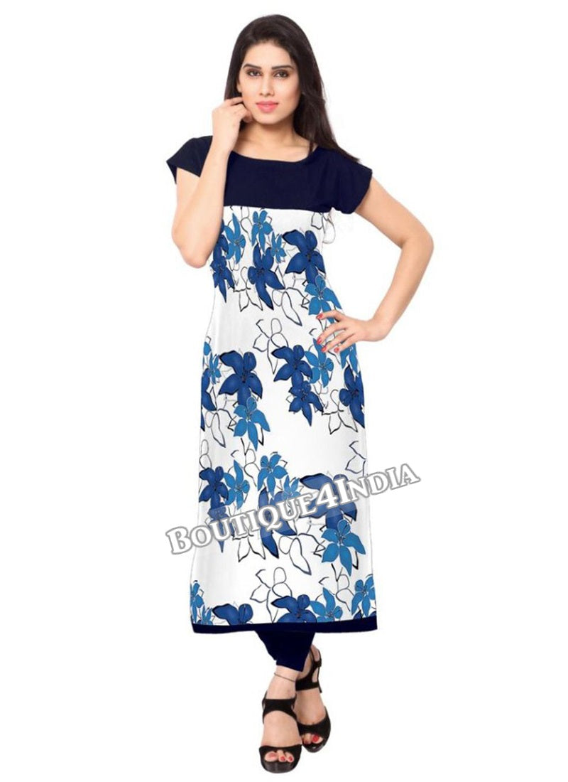 White and floral blue Crepe Casual wear Printed Kurti