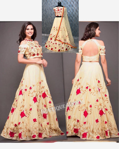 Beige taffeta silk party wear embroidery work lehenga