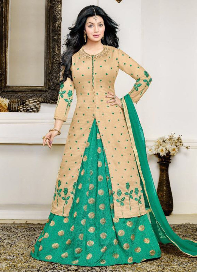 Cotton Beige green Lacha Anarkali Suit
