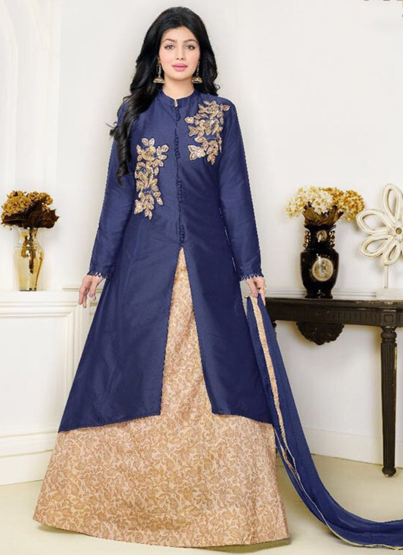 Cotton Navy blue Lacha Anarkali Suit