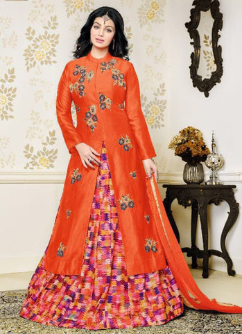 Cotton Orange party wear Embroidered Anarkali Suit