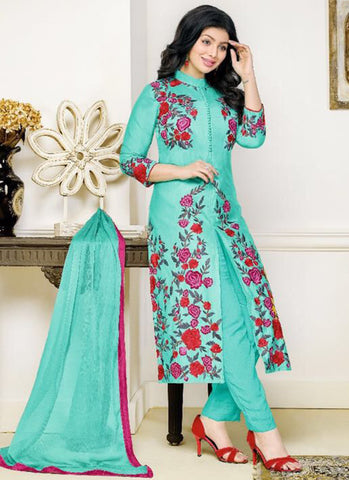 Cotton Sky Blue Embroidered Work Anarkali Suit