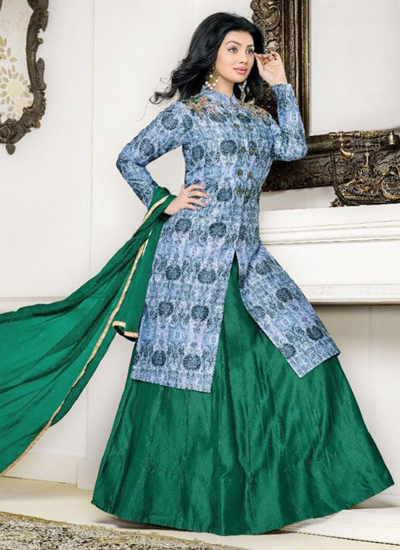Cotton blue and green Embroidered Anarkali Suit