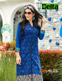 Blue Self Design and printed Cotton Kurti