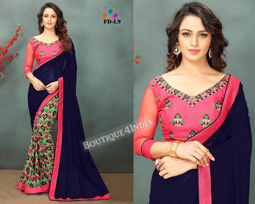 Navy and pink Georgette party wear Saree