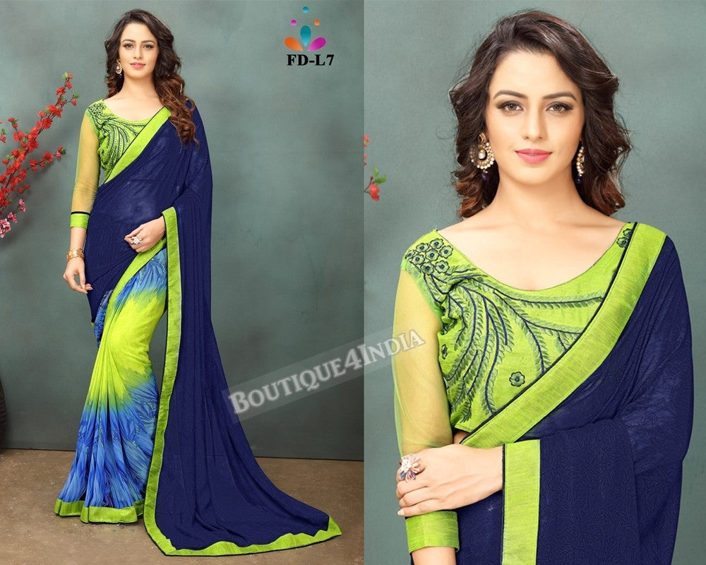 Navy and yellow Georgette party wear Saree