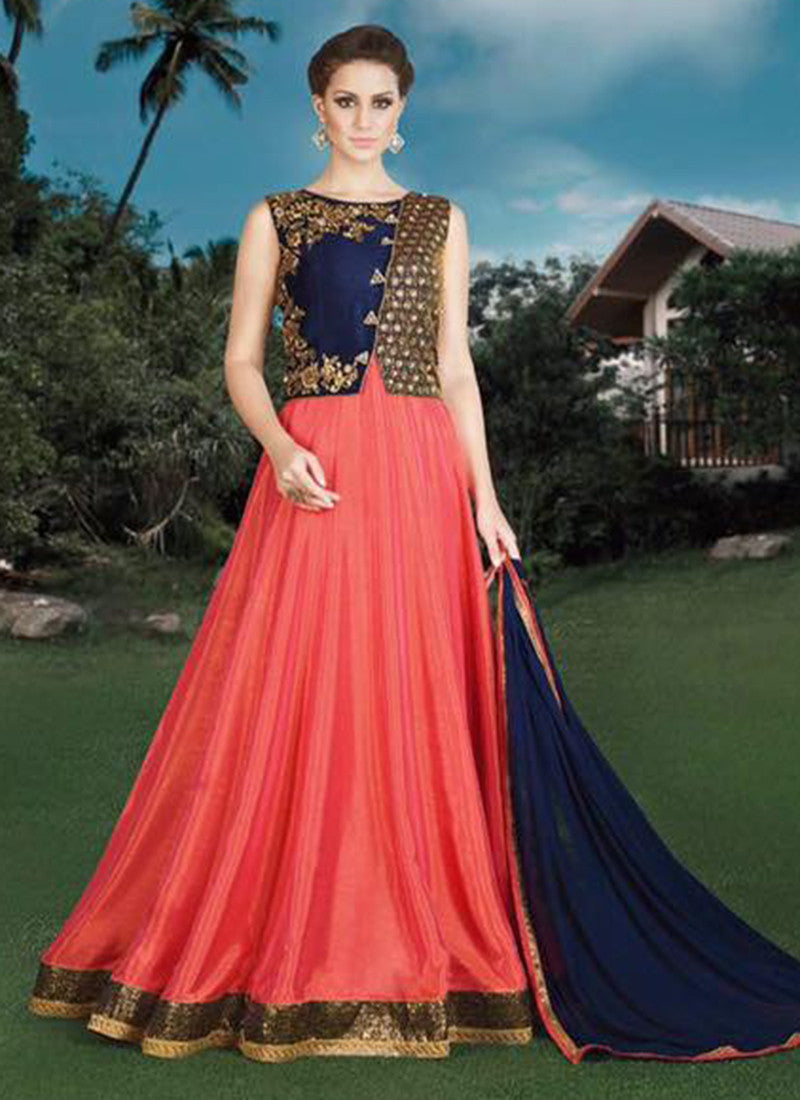 Pink and blue Silk Bridal Embroidered Anarkali Suit