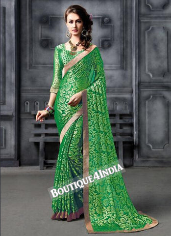 Green Brasso Party Wear Zari Work Saree