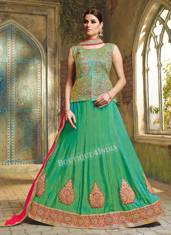 Light green embroidered crop top style Lehenga